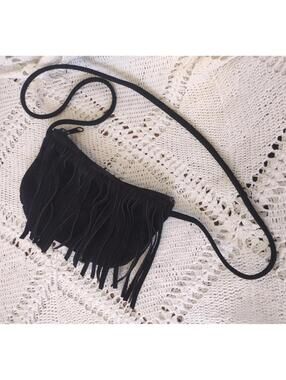 Vintage '90s Small Black Suede Shoulder Bag Fringe Suede Lining